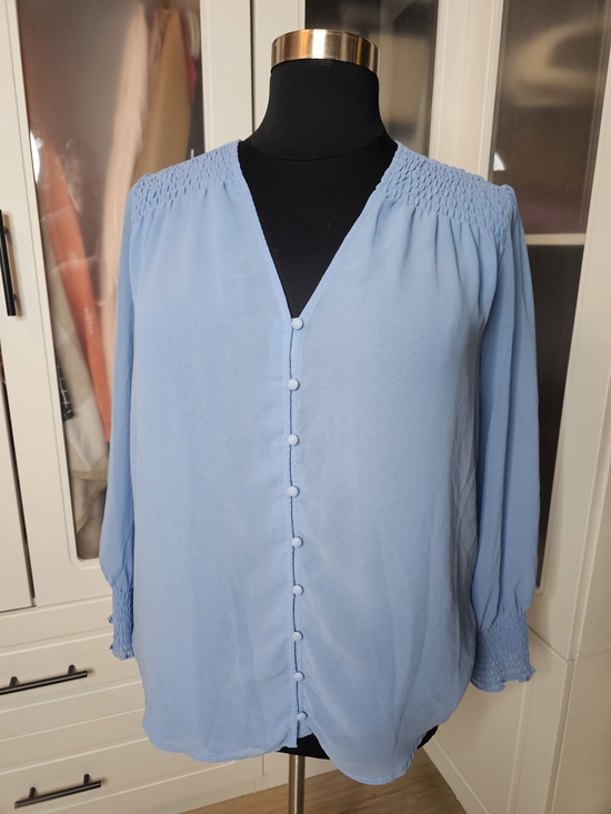 1. State Tops - 1. State Soft Blue Button-Front Smocked Blouse